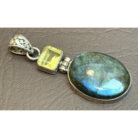 Bali Sterling Silver 925 Large Oval Labradorite Citrine 90’s Chunky Pendant - Picture 1 of 7